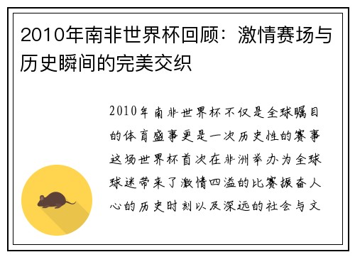 2010年南非世界杯回顾：激情赛场与历史瞬间的完美交织